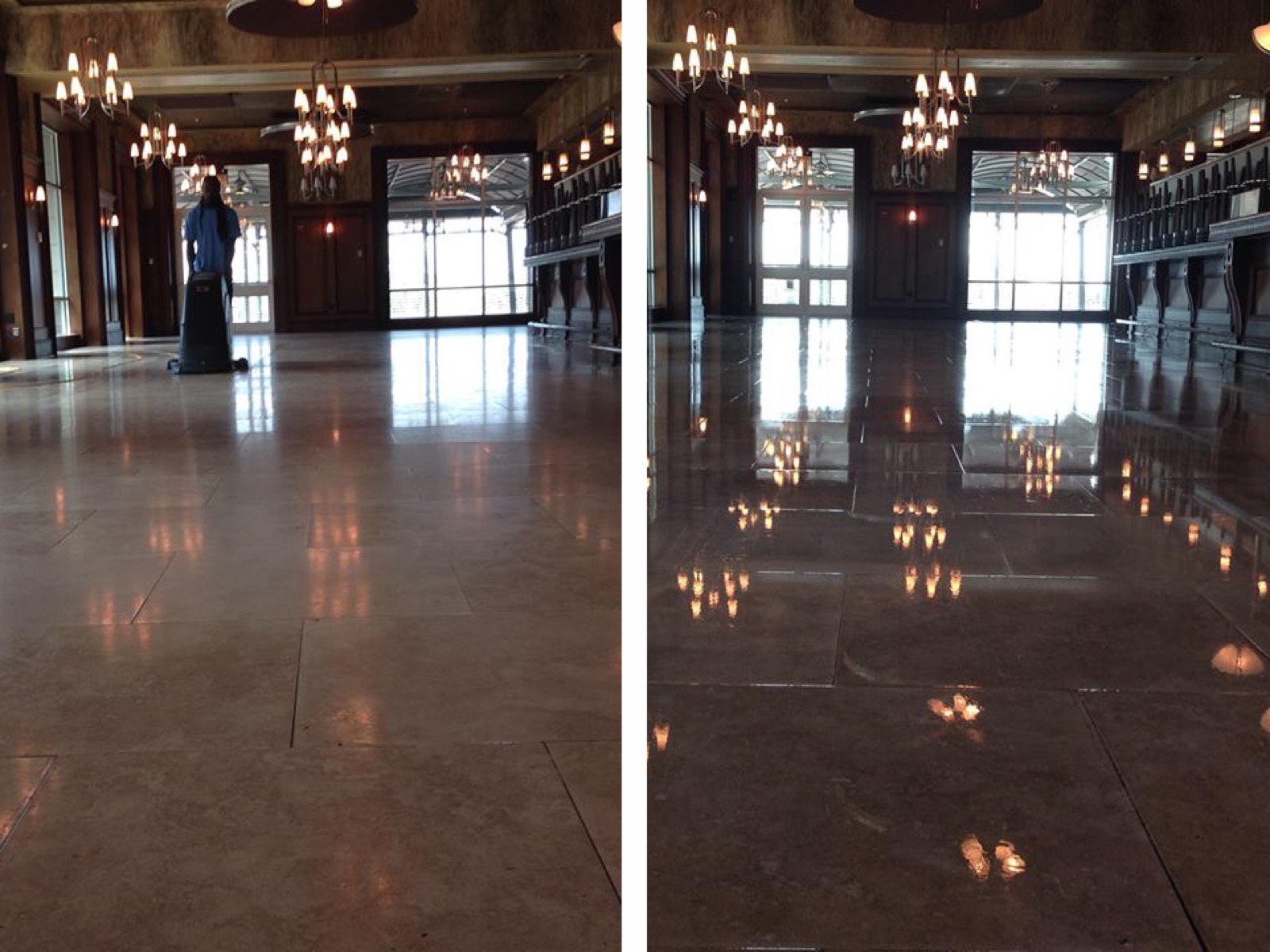 Two-panel comparison of a hard floor before and after stripping and waxing by Capital Service Group